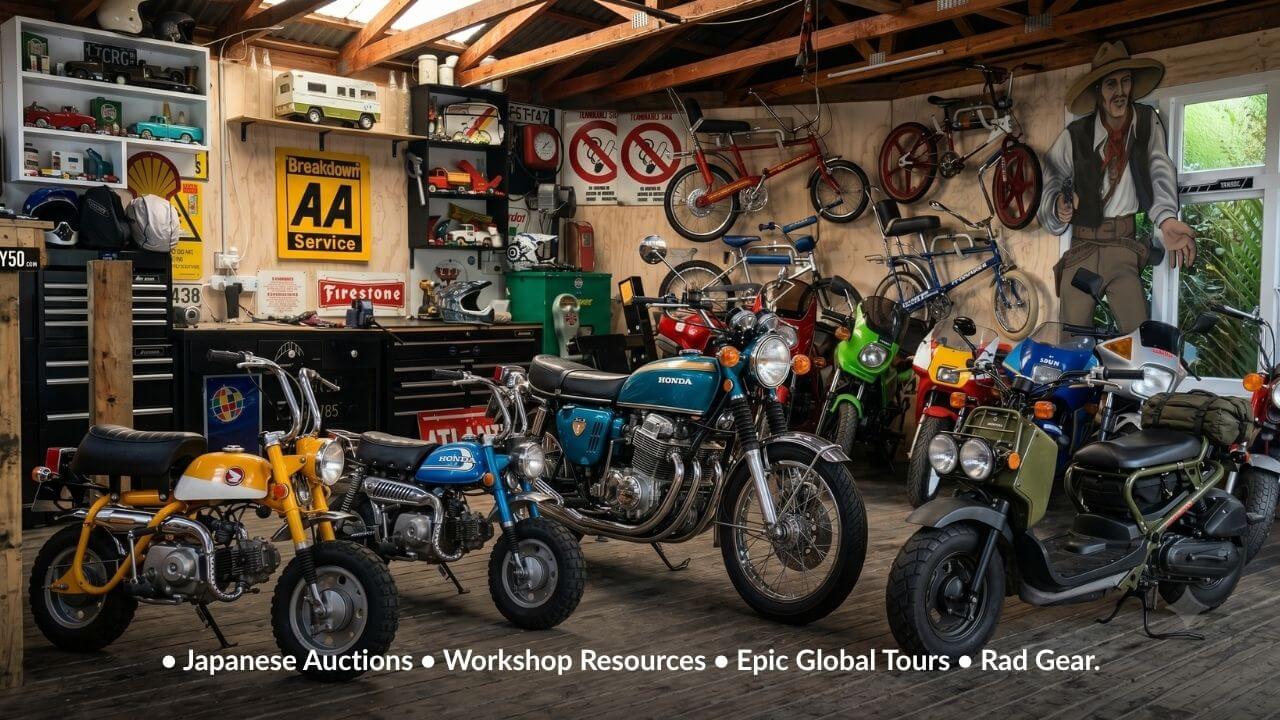Vintage Motorcycle Workshop with wood floors and old motorcycles and signs