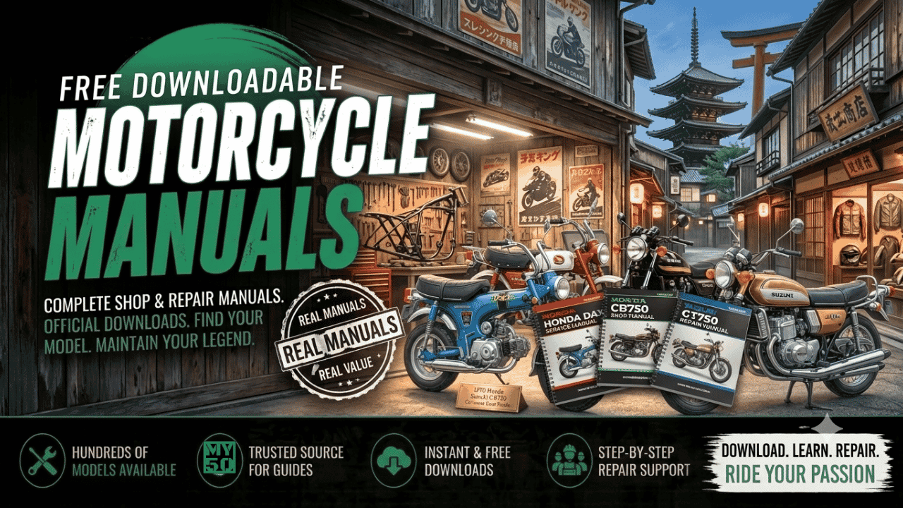 Image of old vintage Japanese Workshop with Japanese motorcycles and workshop manuals.